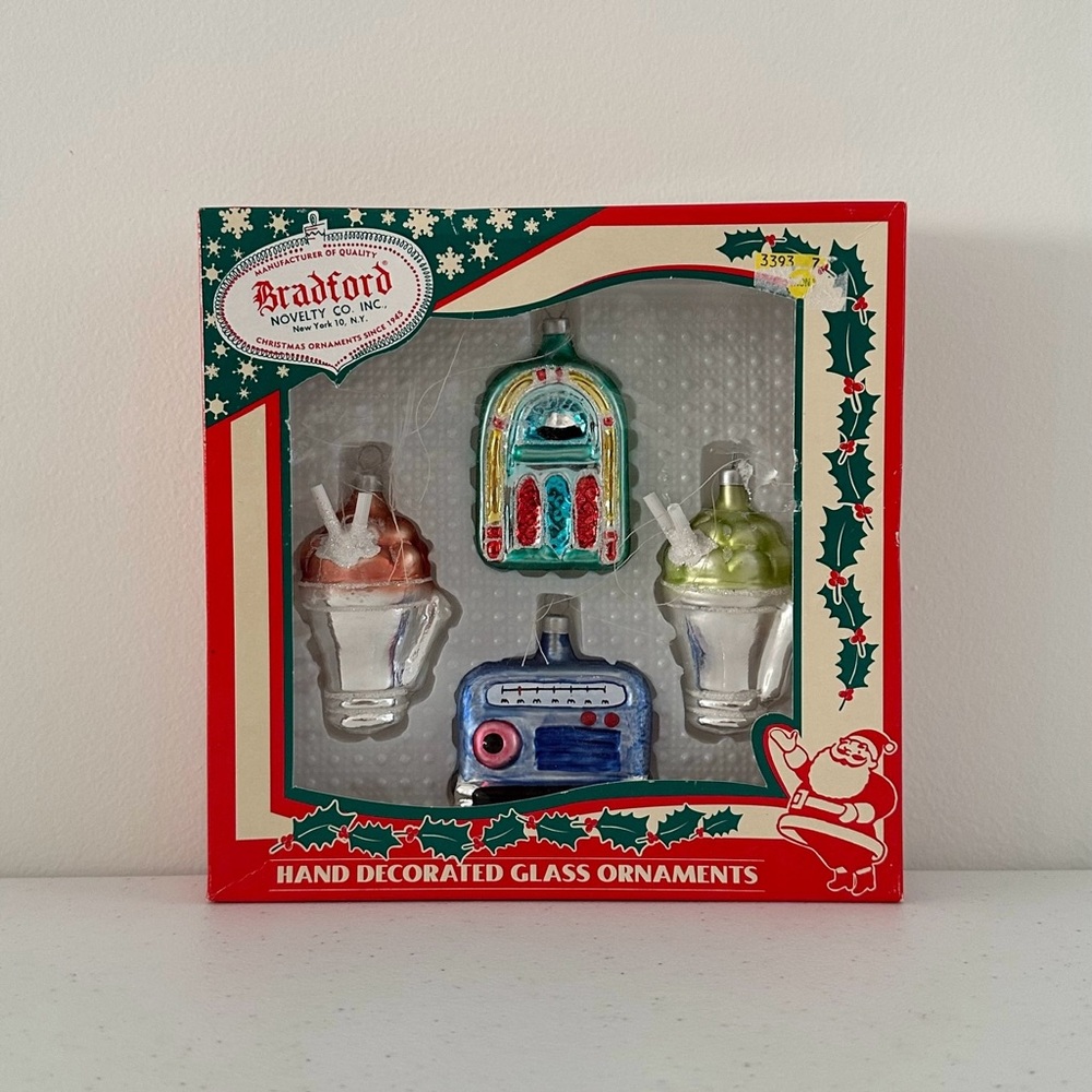 Bradford Jukebox Milkshake Retro Diner Glass Hand Made Christmas Ornament Set